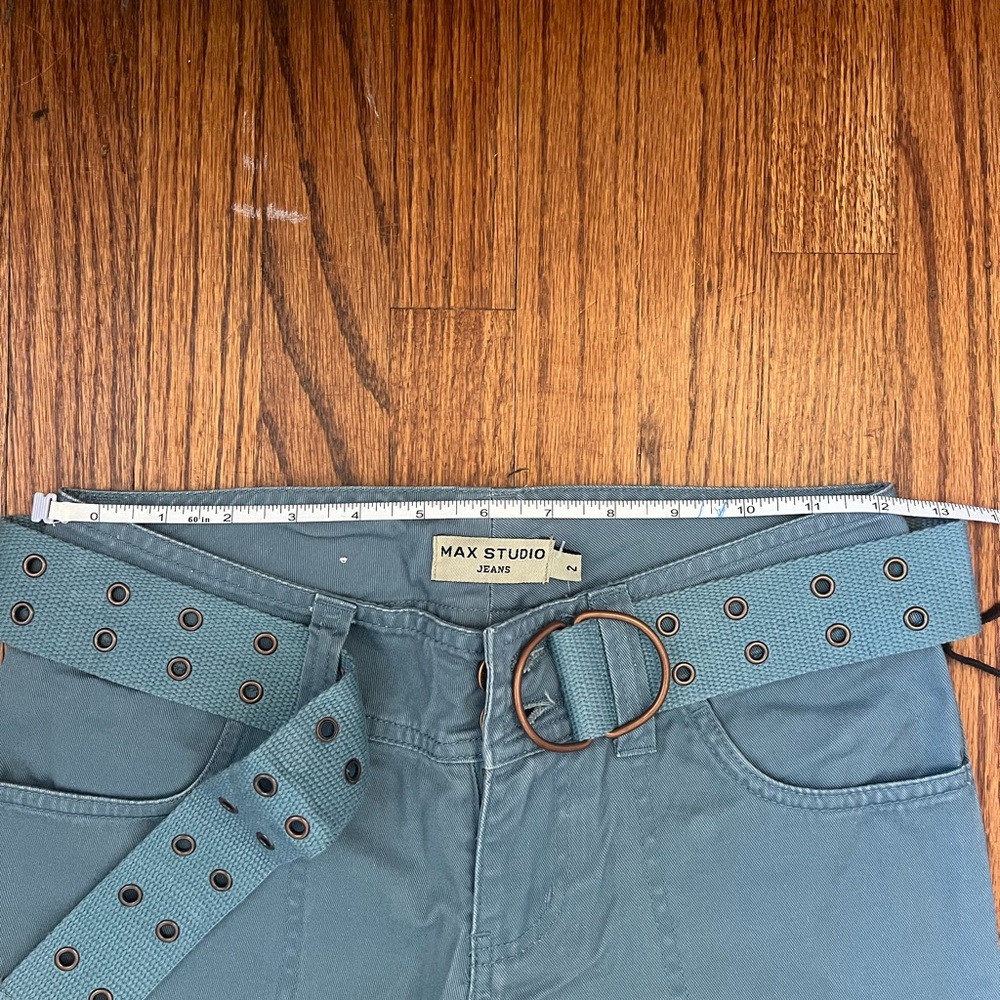 Max Studio Low Rise Blue Flared Cargo Pants with Belt - Picture 2 of 4